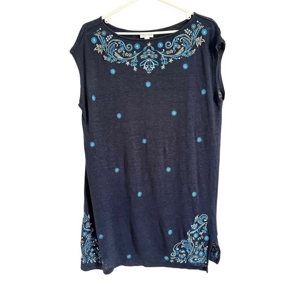 J. Jill Love Linen Blue Sleeveless Tunic Top Embroidered Sequin Large Bohemian